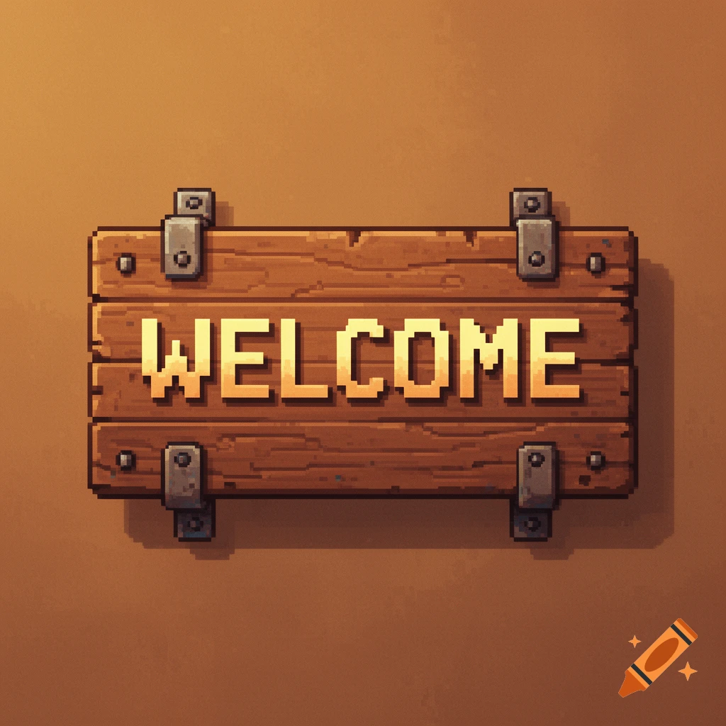A pixel art wooden sign displaying the word 'WELCOME' on a brown background.