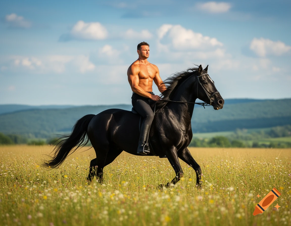 A muscular shirtless man rides a black horse through a field of wildflowers under a blue sky.