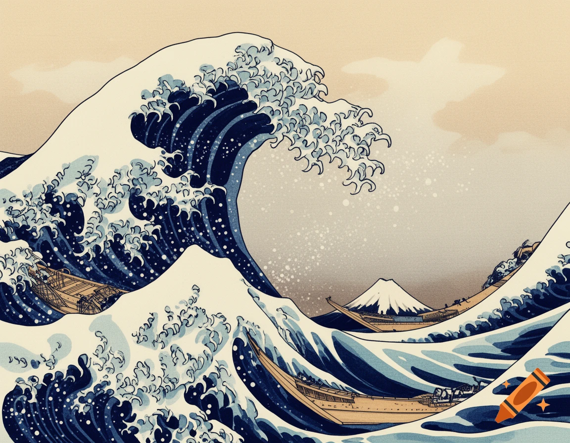 A giant blue and white wave crashing over small boats, with Mount Fuji in the distance, in the style of a Japanese woodblock print.