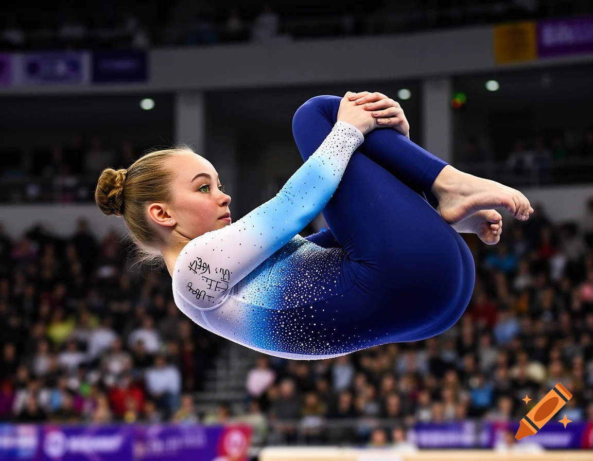 A female gymnast in a blue and white glittery leotard performs a tucked aerial maneuver in a blurred arena.