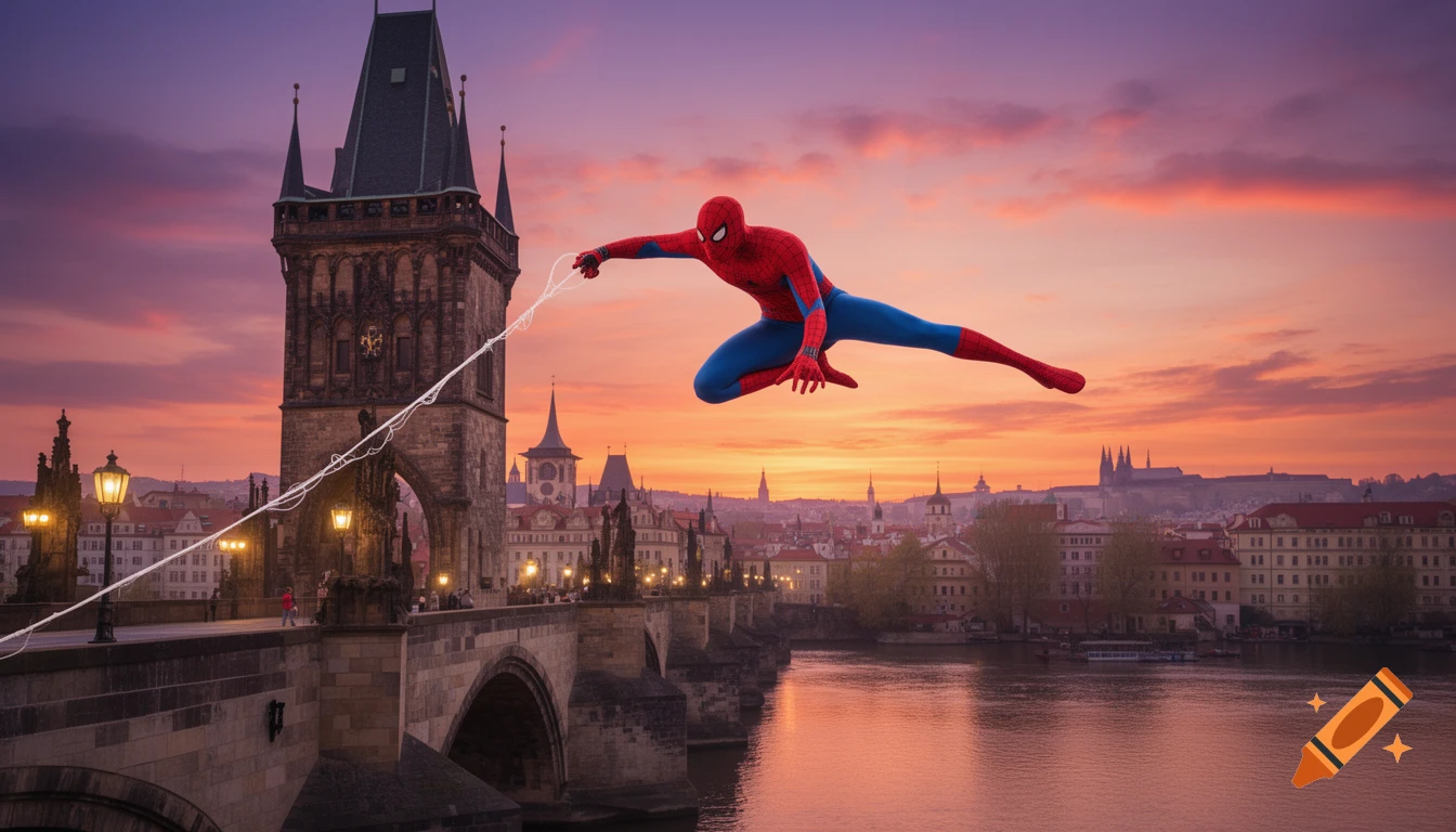 Photorealistic image of Spiderman webslinging above the Charles Bridge in Prague against a vibrant sunset sky, with the city's towers and river below.