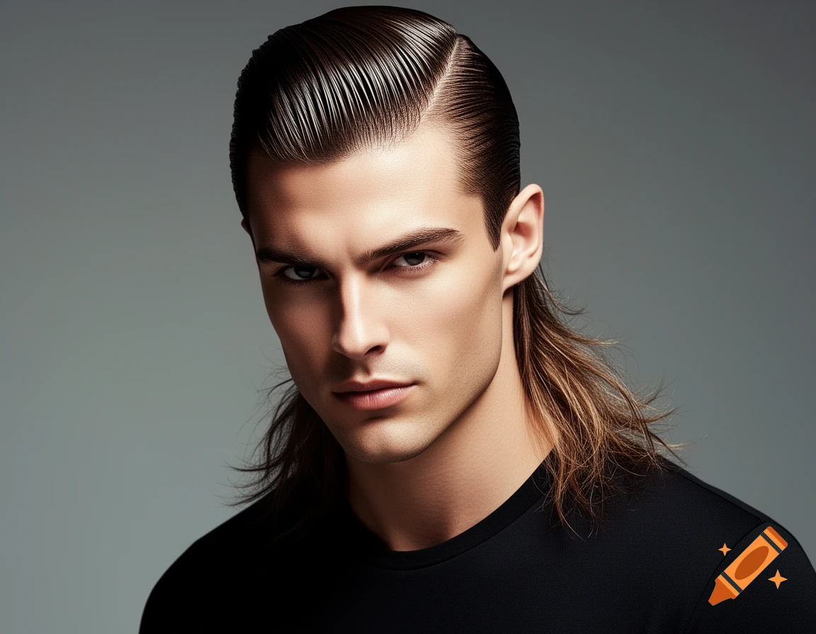 Photorealistic portrait of a man with slicked-back hair and a wavy mullet, looking intensely forward.