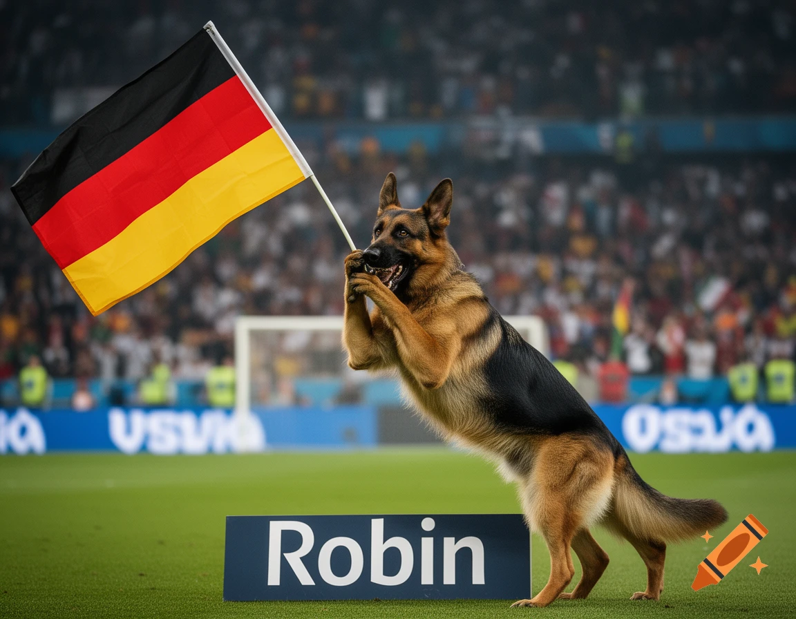 A German Shepherd dog stands on its hind legs holding a German flag in a packed football stadium, with a 'Robin' sign on the grass.