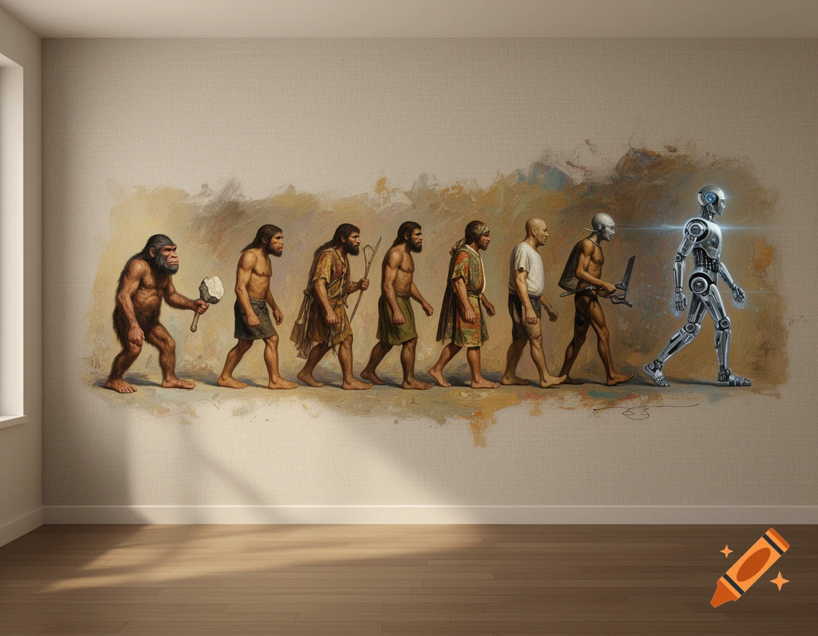 A mural on a beige wall depicts the evolution of man, starting with an ape-like creature holding a hammer, progressing through stages of early humans, and culminating in a sleek, bipedal robot.