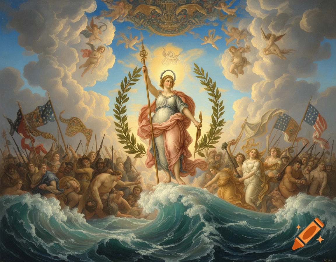 A classical painting of a robed woman with a halo, holding a staff, standing on a seashell amid crashing waves. She is surrounded by a crowd of revolutionaries with flags, with cherubs in the sky.