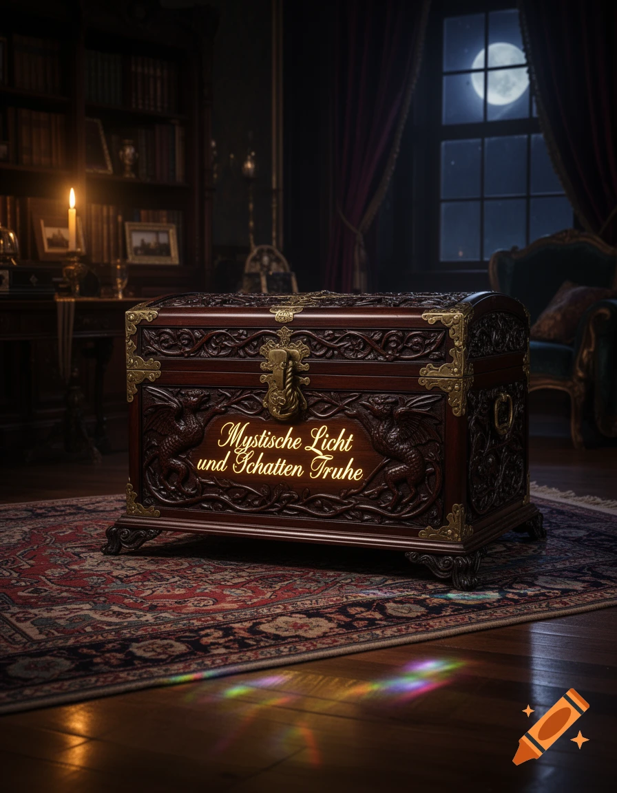 An ornate, glowing wooden chest with German text stands on a rug in a dimly lit, atmospheric room at night.