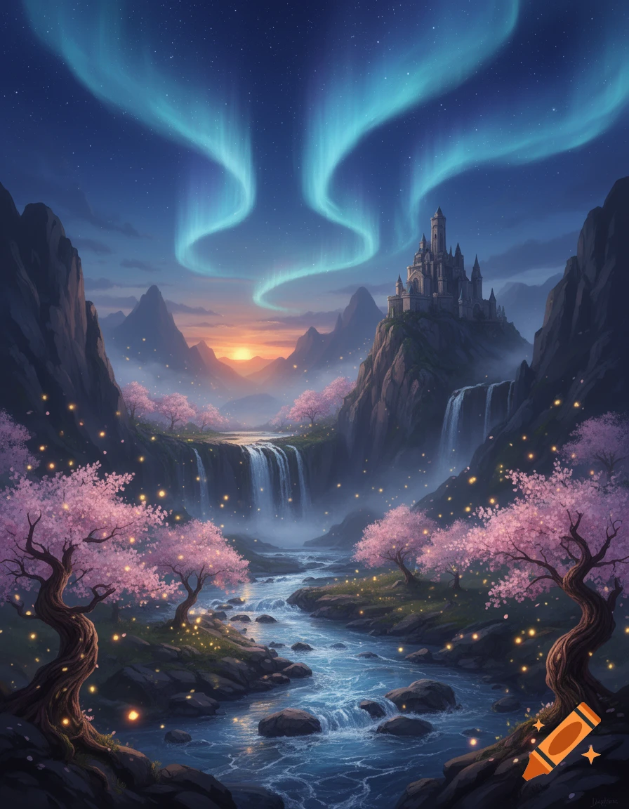 A magical fantasy landscape at twilight with a castle on a mountain, a winding river, waterfalls, glowing cherry blossom trees, and aurora in the night sky.