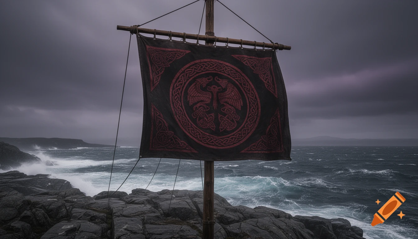 A dark red and black banner with a stylized bird and Celtic knots flies on a wooden mast above a rocky, stormy coastline with crashing waves.