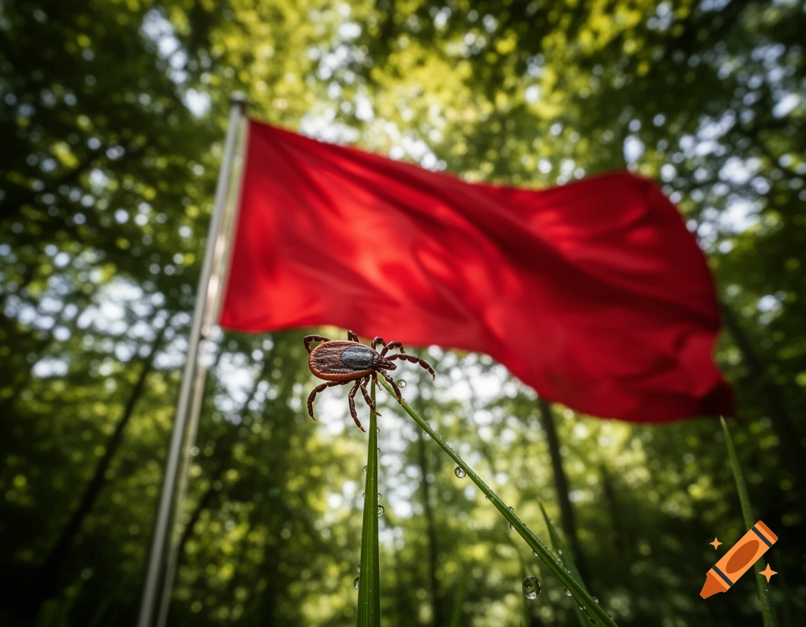 Close-up of a tick on a dewy blade of grass, with a red flag waving in the blurred green forest background.