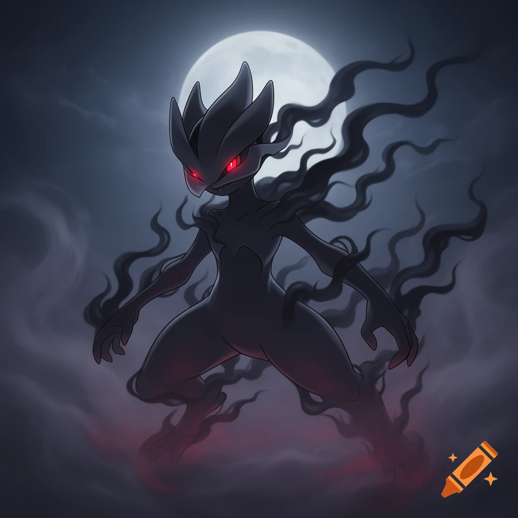 A shadowy, dark-type creature resembling Mewtwo with glowing red eyes stands against a full moon and dark, cloudy sky, surrounded by smoky tendrils.