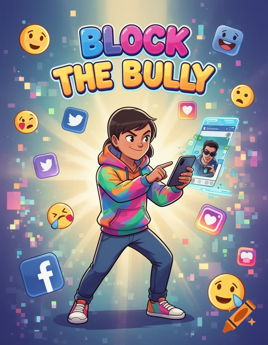 A cartoon person blocks a bully on a smartphone surrounded by social media icons and emojis, with the text 'BLOCK THE BULLY'.