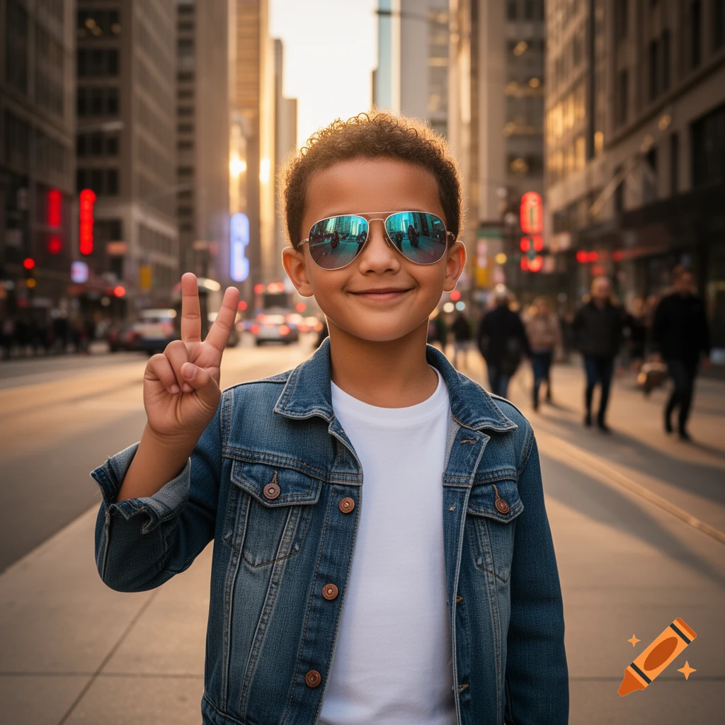 A smiling tan child in a denim jacket and reflective sunglasses gives a peace sign in a sunny city street.