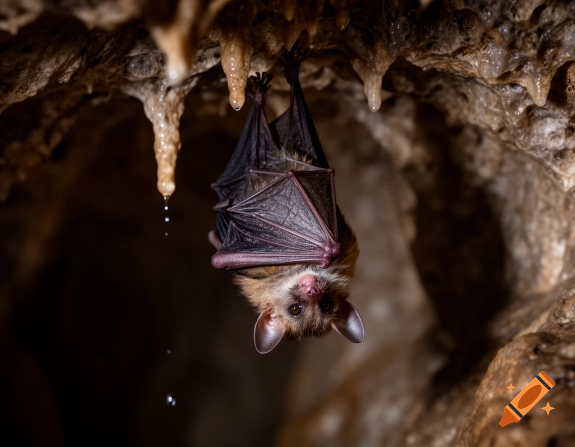A bat with folded wings hangs upside down from a stalactite in a dark cave, with water dripping.