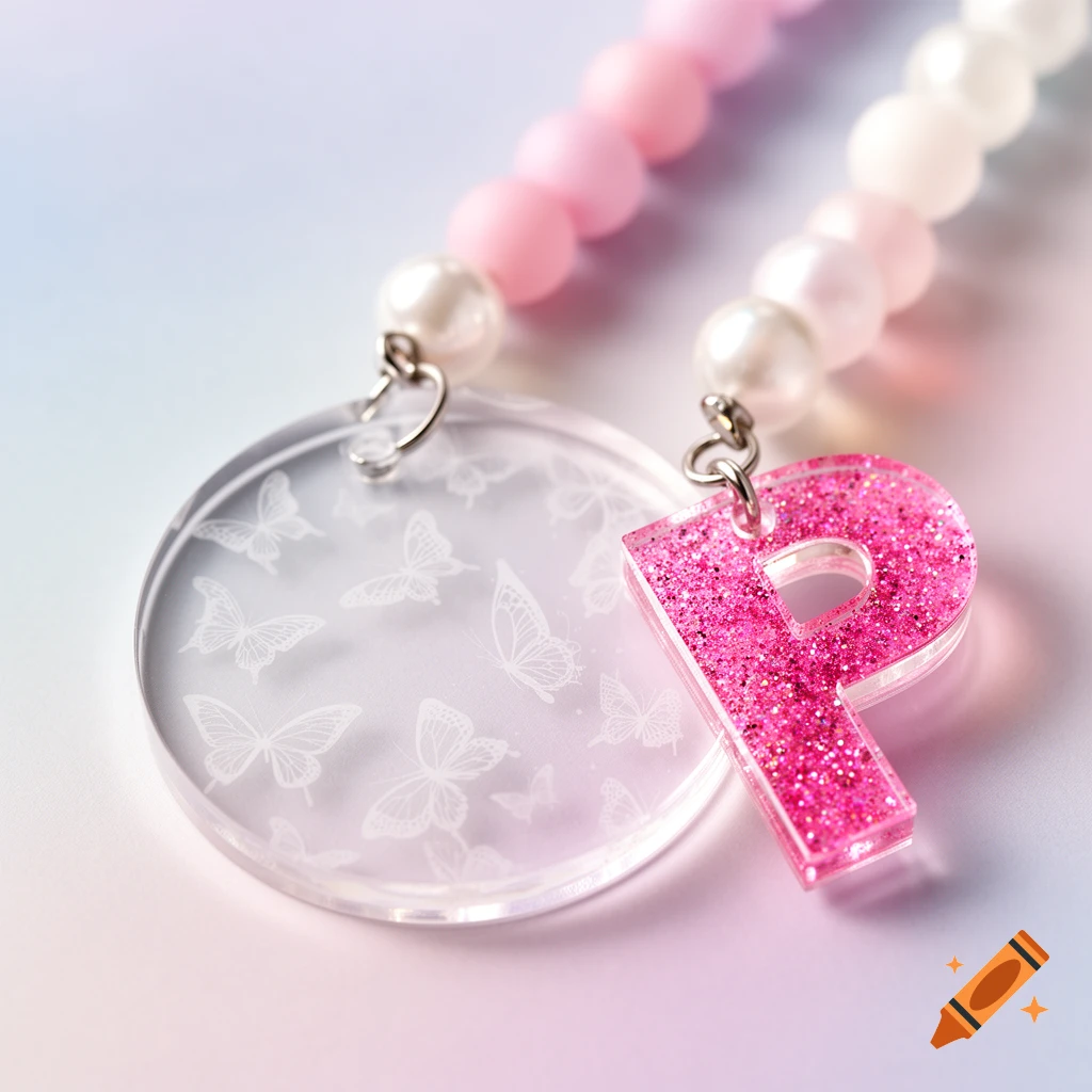 A clear acrylic keychain with white butterfly engravings, attached to a pink glitter letter P charm and a strap of pink and white matte beads.