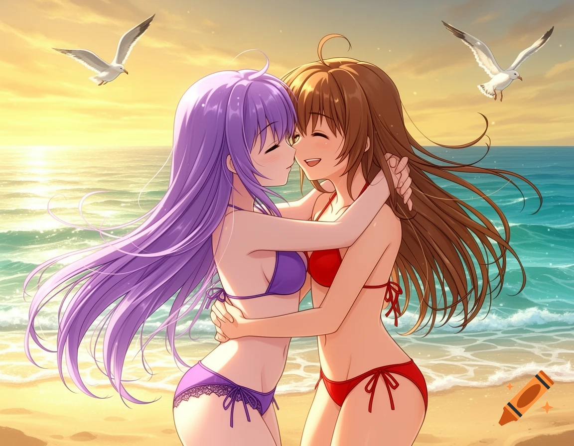 Two anime girls in purple and red bikinis hug and smile on a sunlit beach with seagulls flying.