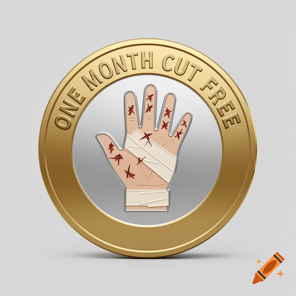 A gold and silver commemorative coin with "ONE MONTH CUT FREE" engraved on the rim, featuring a stylized bandaged hand with cuts.