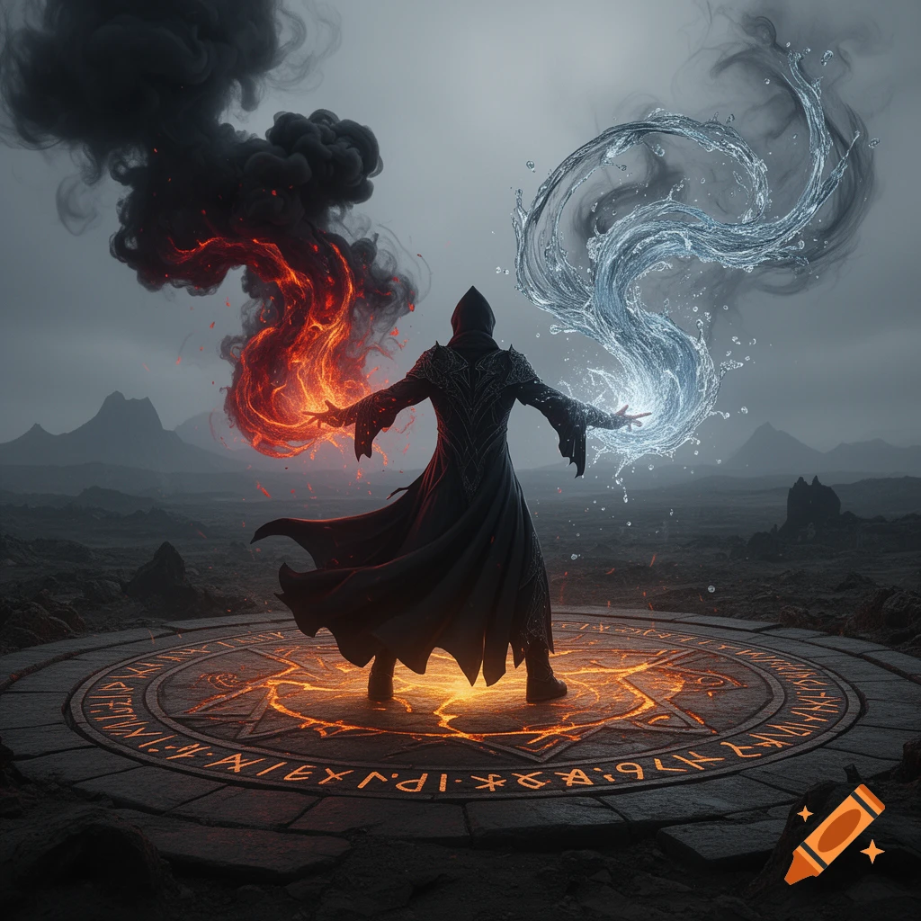A hooded dark wizard stands on an glowing magical circle, casting fire from their left hand and water from their right hand in a desolate landscape.