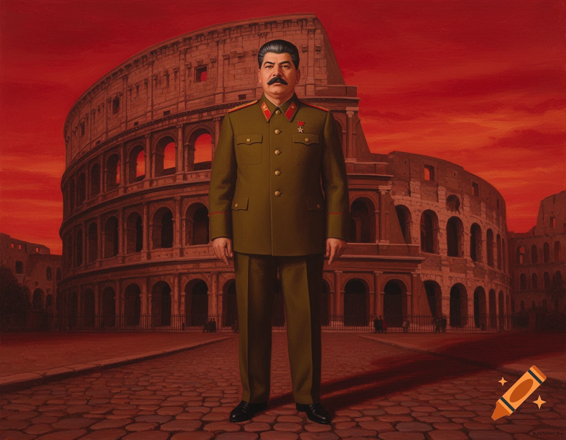 An oil painting of Joseph Stalin in a Soviet uniform, standing before the ancient Roman Colosseum under a vivid red sky.
