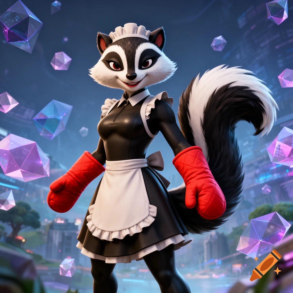 A stylized female anthropomorphic skunk in a black maid outfit with red oven mittens stands against a futuristic background with glowing purple crystals.