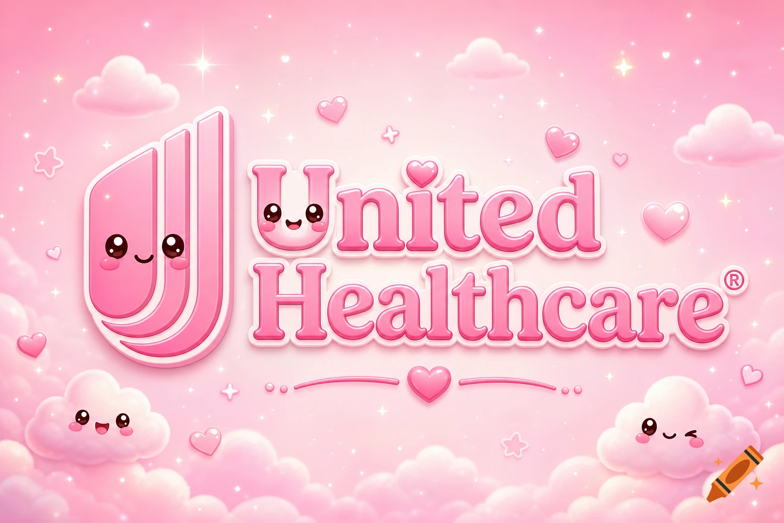 Kawaii pink UnitedHealthcare logo with cute clouds, hearts, and sparkles on a gradient background.