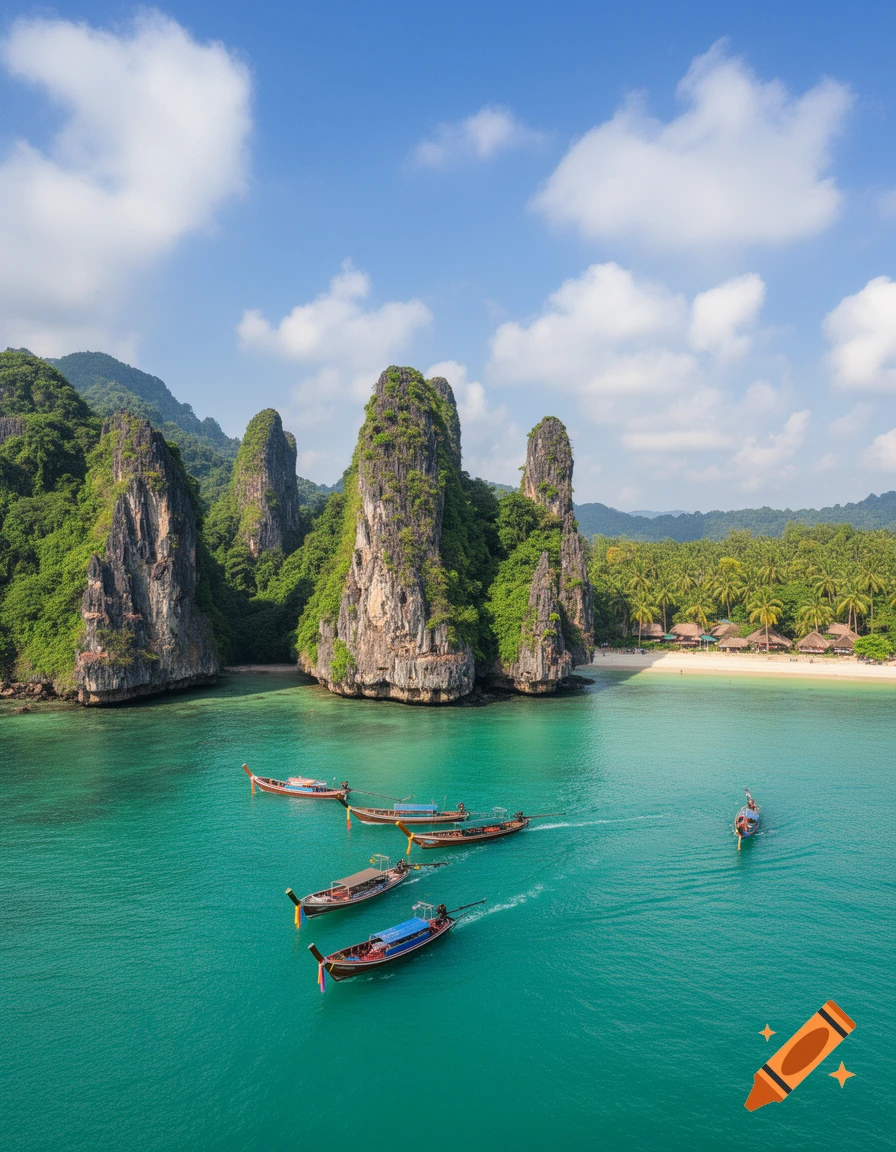 Aerial view of a turquoise bay with traditional longtail boats, surrounded by lush green karst islands and a sandy beach with huts.