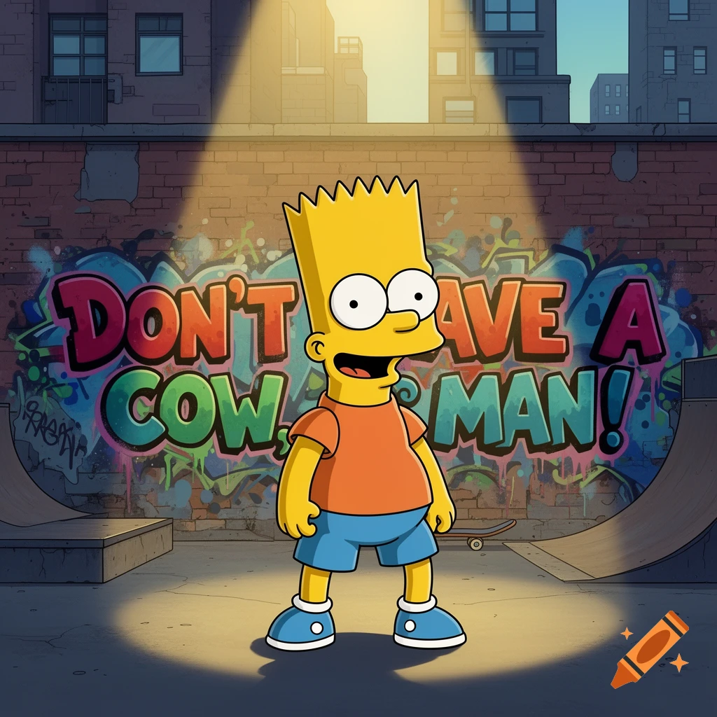 Bart Simpson stands in a spotlight before a graffiti-covered brick wall with 'DON'T HAVE A COW MAN!' written, in a cartoon style.