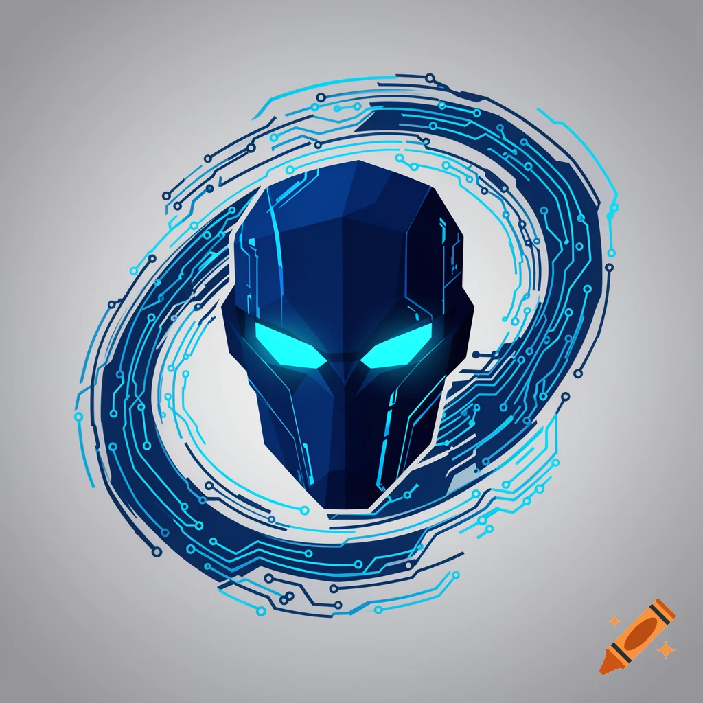 A dark blue polygonal robot head with glowing blue eyes, encircled by light blue circuit board patterns.