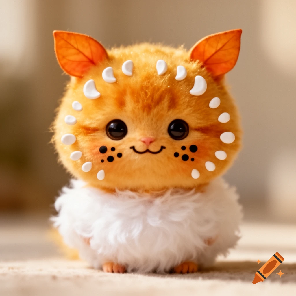 A cute, fluffy orange creature with pointy ears, big black eyes, white spots, black cheek spots, and a white fluffy belly sitting on a light surface.