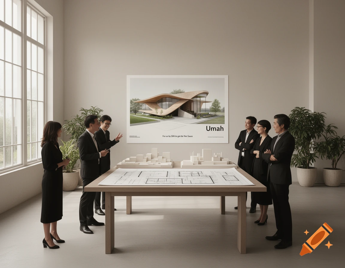 An architectural presentation in a modern office, showing a team of professionals discussing building plans and models, with a large poster of a curved, contemporary building on the wall.