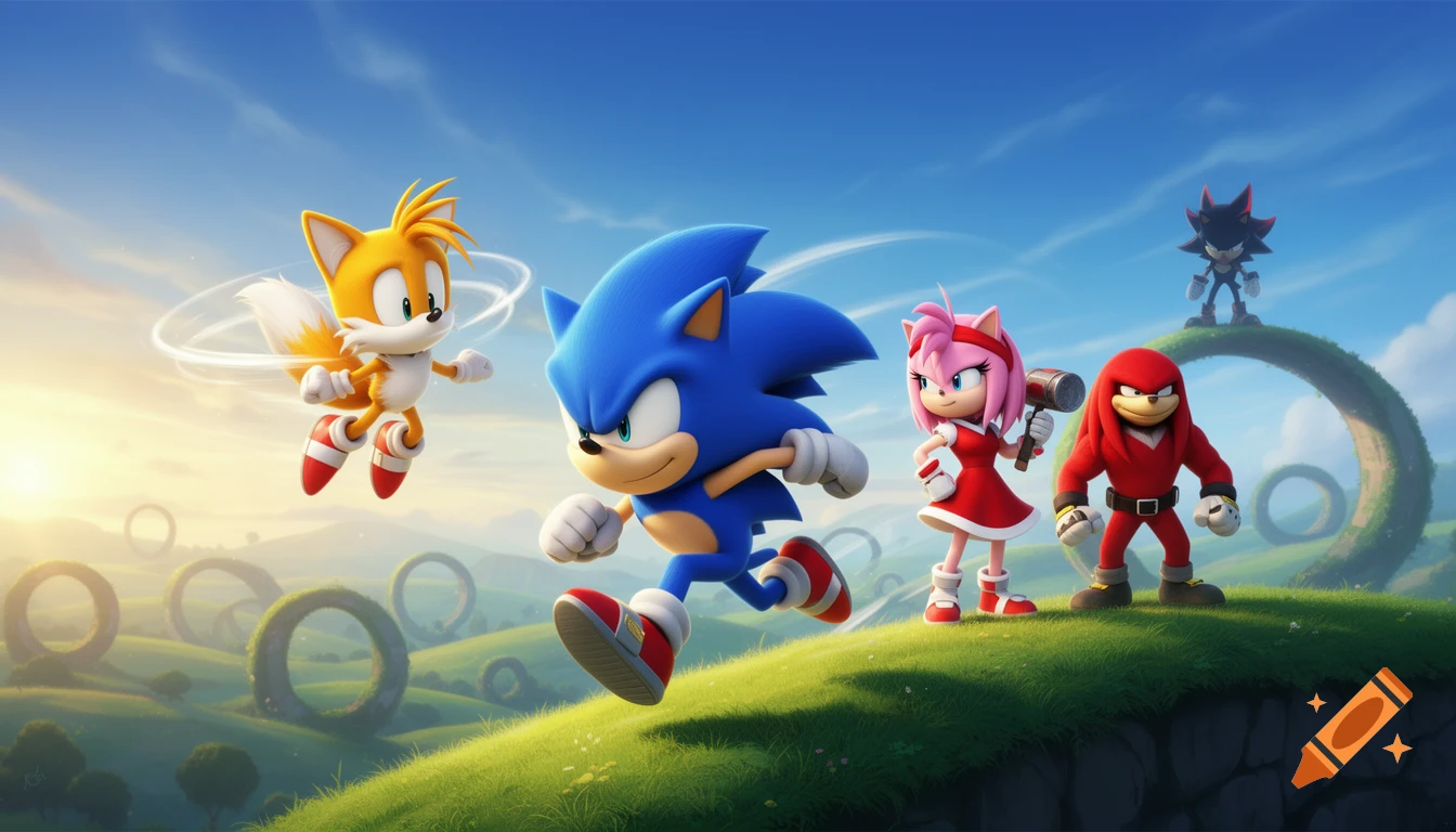 Sonic, Tails, Amy, and Knuckles on a grassy hill with Shadow in the background, set in a vibrant Green Hill Zone-like landscape with rings under a blue sky.
