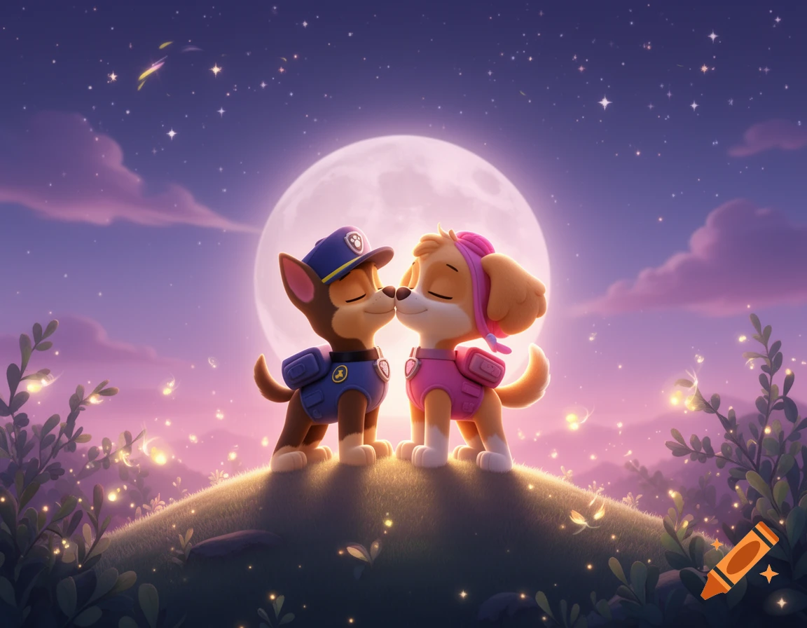 Chase and Skye from Paw Patrol nose-kiss under a large full moon in a sparkling, romantic night landscape.
