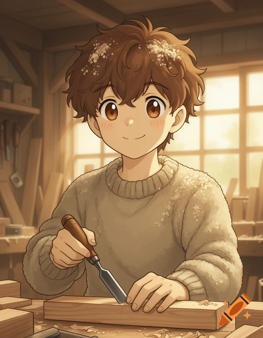 Anime boy with brown hair and a beige sweater, chiseling wood in a warm workshop, Ghibli style.