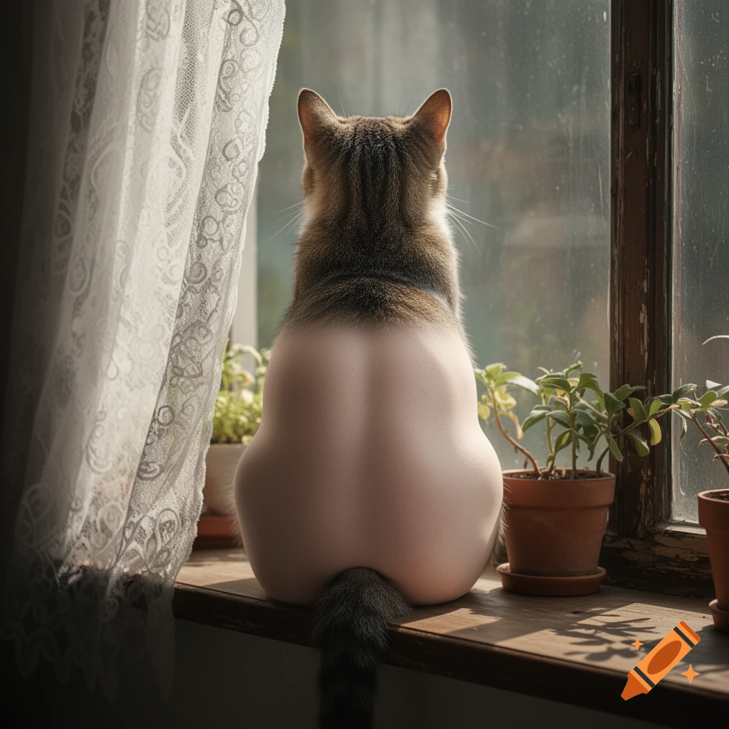 A tabby cat with a bare, human-like posterior sits on a windowsill, looking out the window. Lace curtains and potted plants are visible.