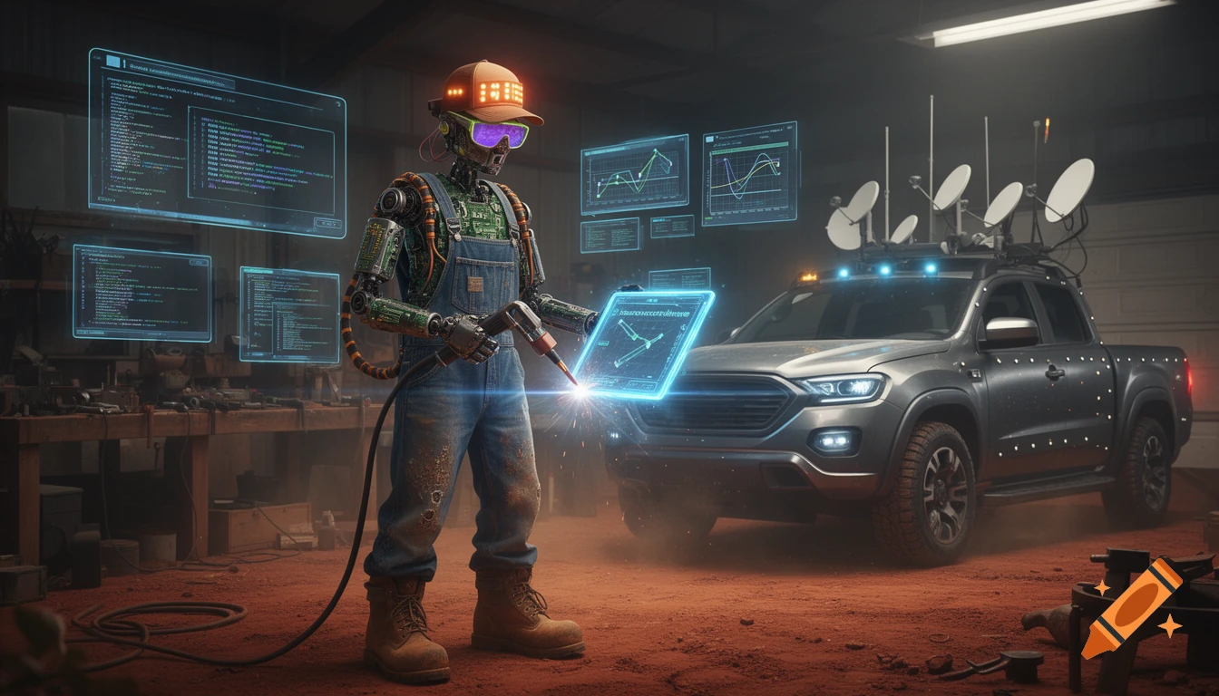 A photorealistic robot in overalls and safety glasses welds, holding a glowing holographic tablet in a workshop with floating data screens and a futuristic truck.