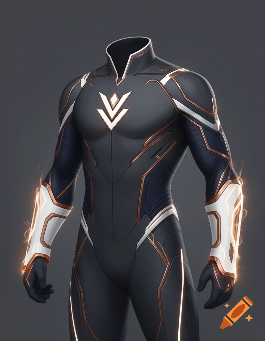 A sleek, dark gray and navy superhero suit with white and copper accents, a glowing chest emblem, and energy effects.