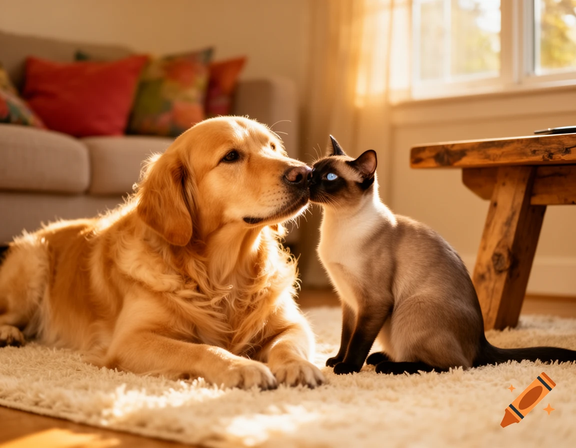 A golden retriever and a Siamese cat touching noses on a fluffy rug in a sunlit living room.