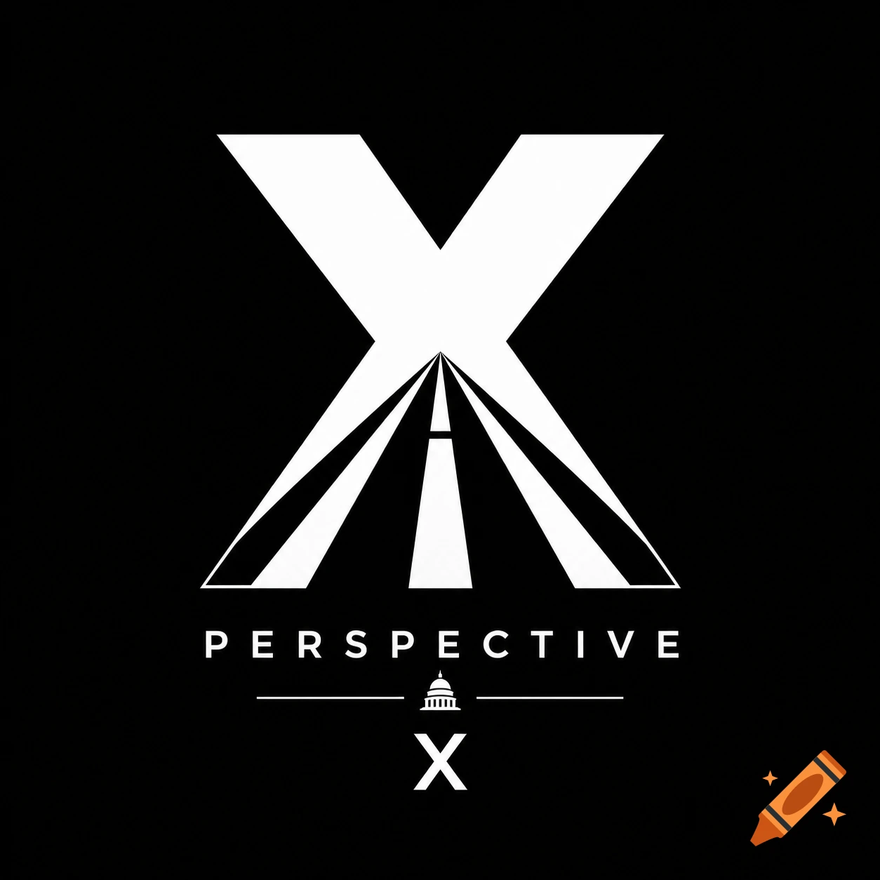 Black and white logo featuring a large white 'X' with a road leading to a capitol building inside, and the text 'PERSPECTIVE X' below it.