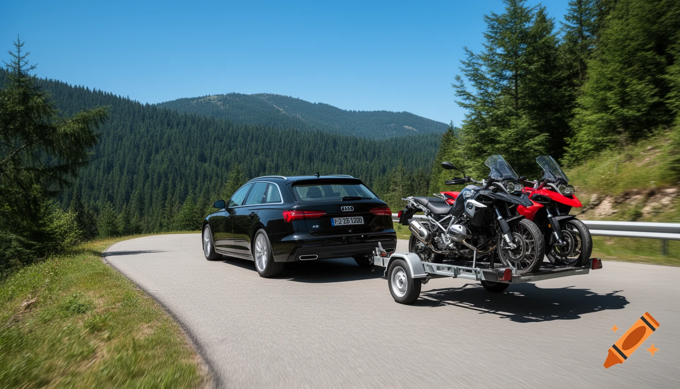 A black Audi A6 Avant towing a trailer with a black BMW R1200GS and a red BMW F700GS motorcycle on a winding mountain road.