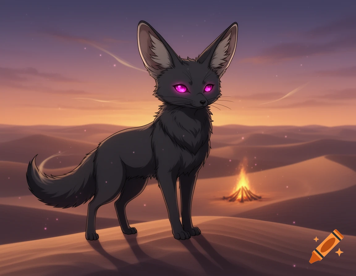 A stylized black fennec fox with glowing magenta eyes stands on desert dunes at sunset, a campfire in the background.