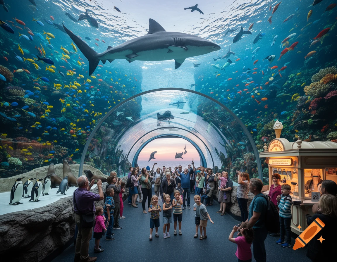 A large, vibrant aquarium with a transparent underwater tunnel full of visitors, surrounded by sharks, colorful fish, penguins, and sea lions. An ice cream stand is on the right.