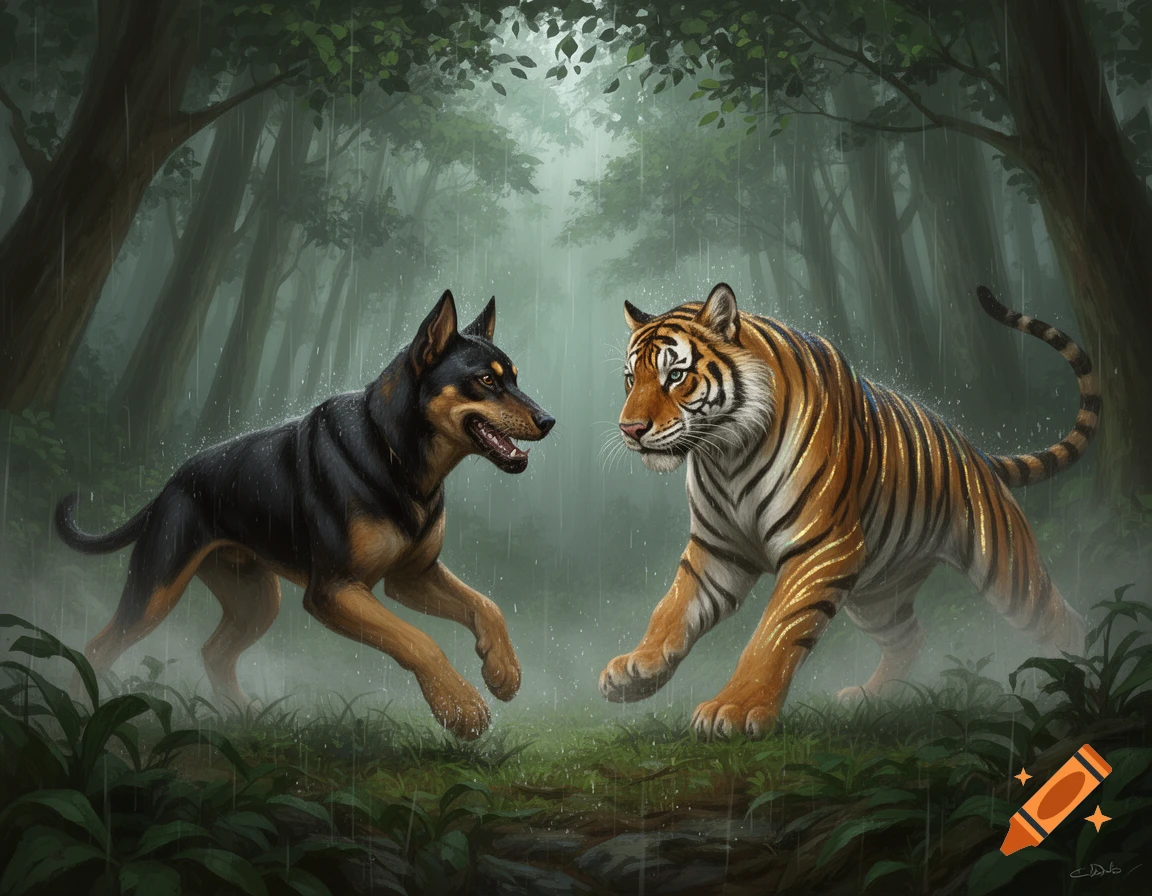 A black and brown dog and a tiger confront each other in a rainy, lush forest, depicted in a digital painting.