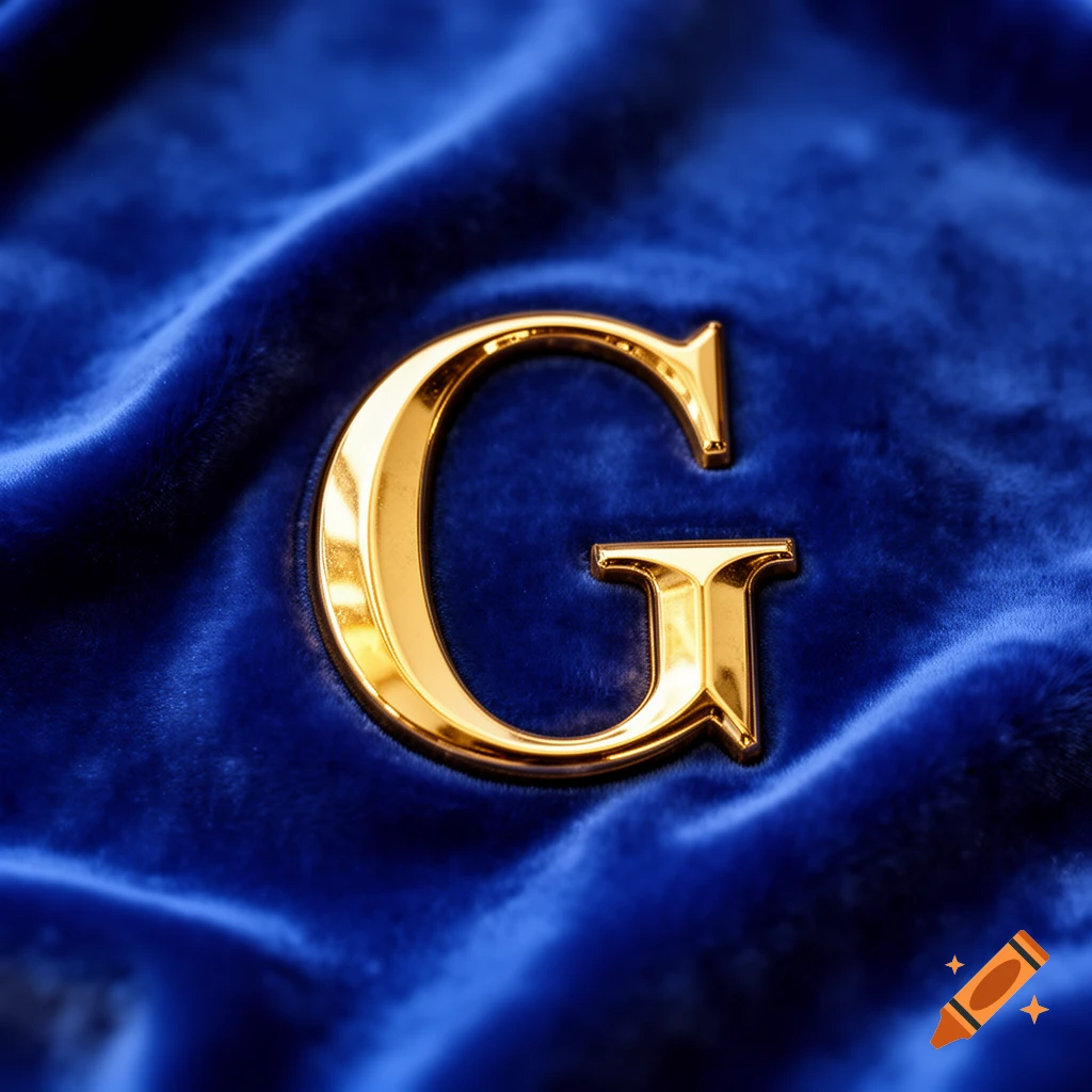 A photorealistic golden letter G embossed on rich blue velvet fabric.