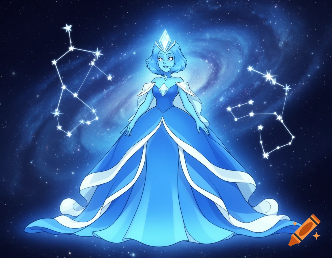 Blue Diamond from Steven Universe, a light blue character in a gown, stands in a cosmic galaxy with constellations in an anime style.