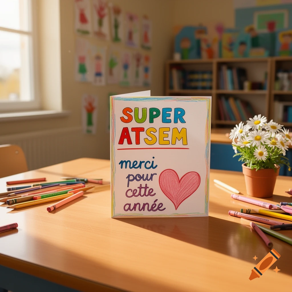 A hand-drawn "SUPER ATSEM merci pour cette année" card with a heart, surrounded by crayons and a potted daisy plant on a wooden desk in a sunlit classroom.