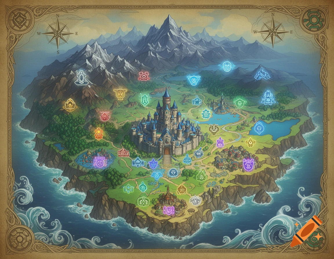 A detailed fantasy map of a large island with a central castle, surrounded by mountains, forests, and an ocean. Numerous glowing icons mark various locations on the land, framed by an ornate border with a compass rose.