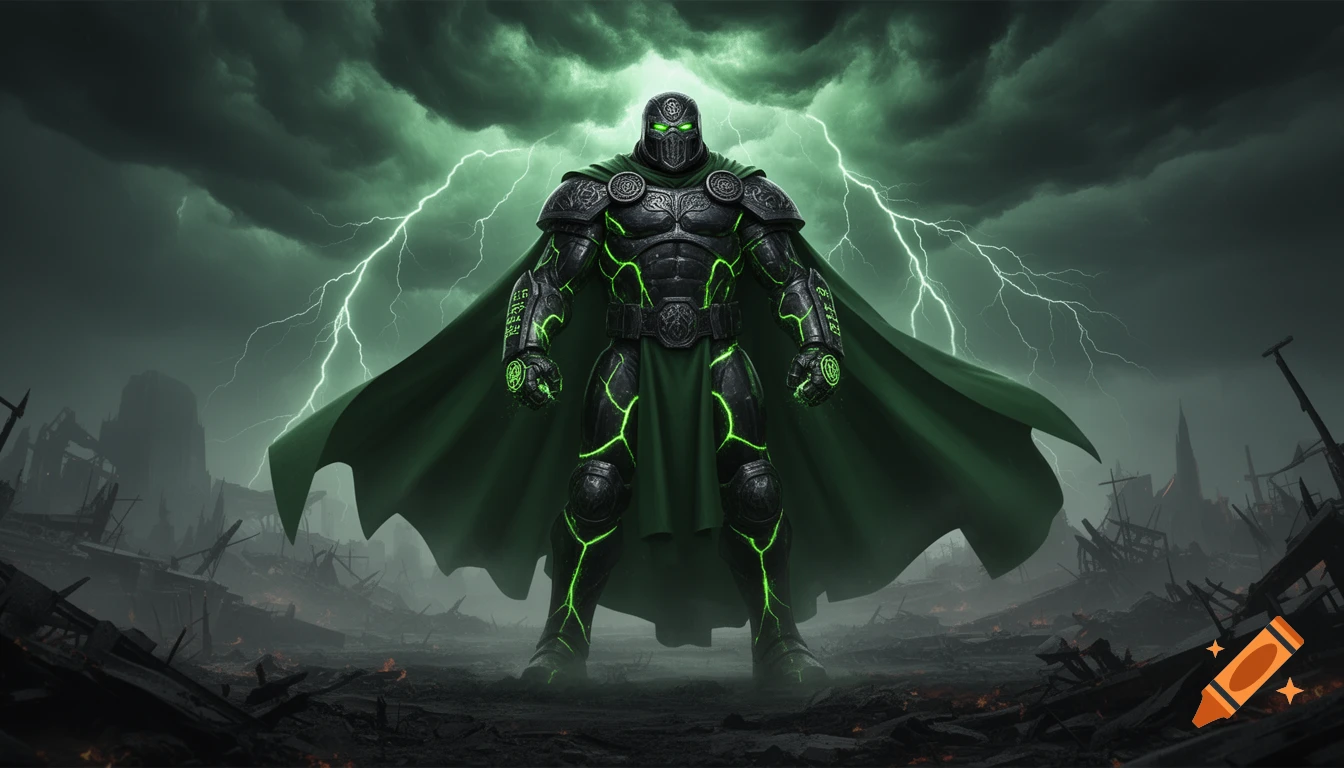 A powerful armored monarch in a glowing green and black suit and flowing cloak stands on a ruined battlefield under green lightning in a stormy sky.