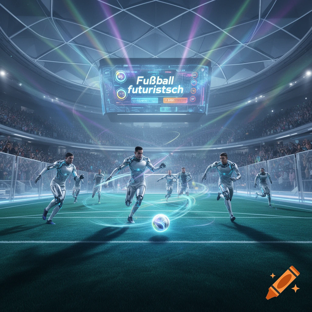 Futuristic soccer players in illuminated suits play in a stadium with a screen showing 'Fußball futuristisch'.