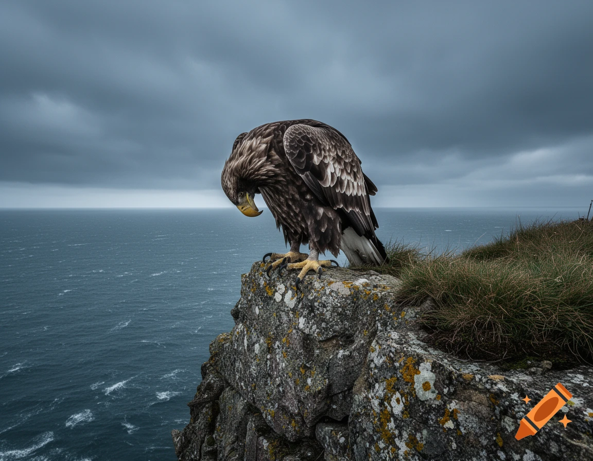 A dark eagle hunched over on a rocky cliff overlooking a vast, stormy ocean under a gray sky.