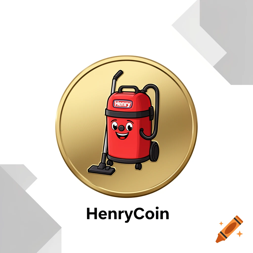 A cartoon Henry Hoover vacuum cleaner mascot on a gold coin, with "HenryCoin" text below.
