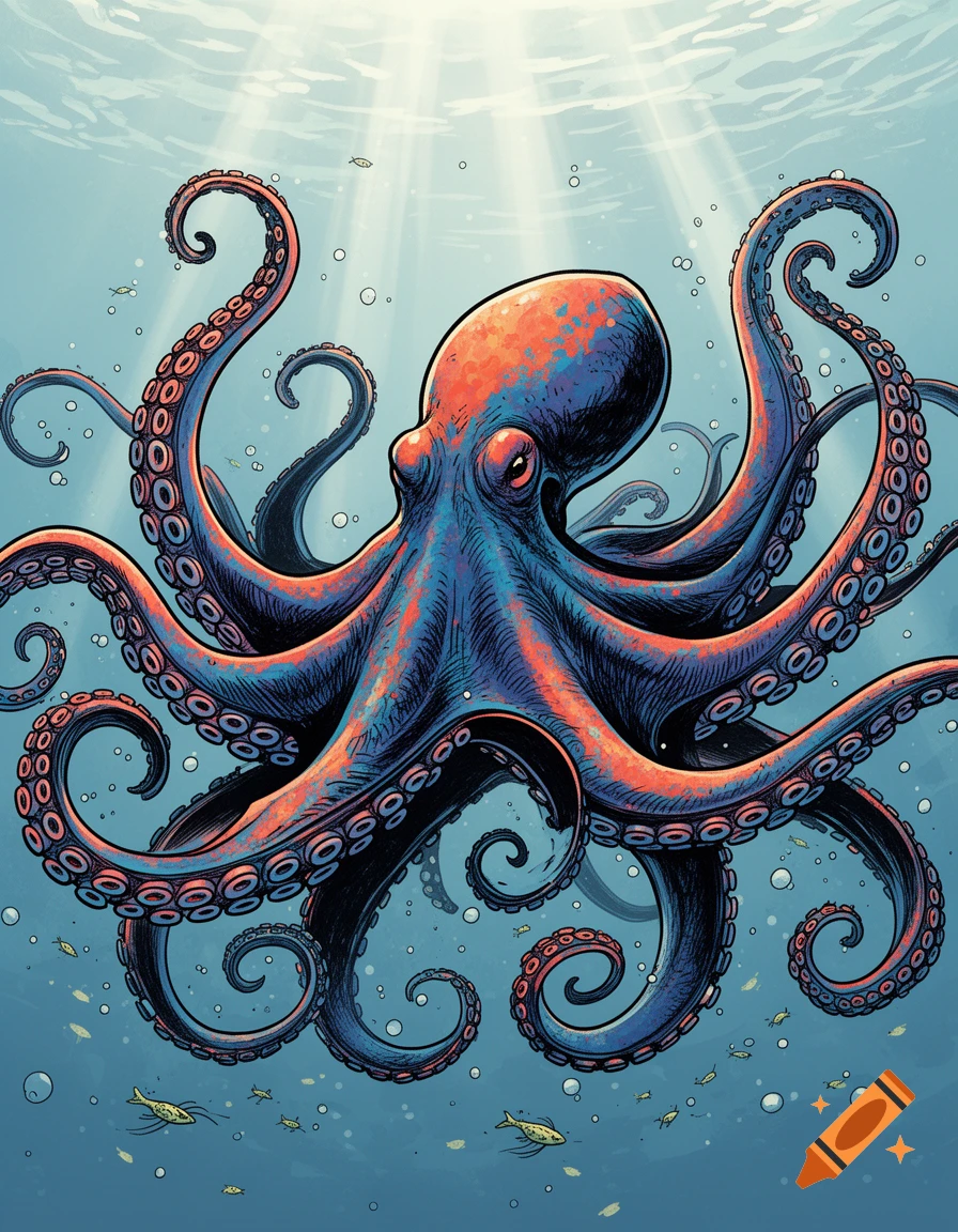 A vibrant blue and red octopus with long tentacles swims in clear blue water, rendered in a graphic novel style with comic book outlines and shading.